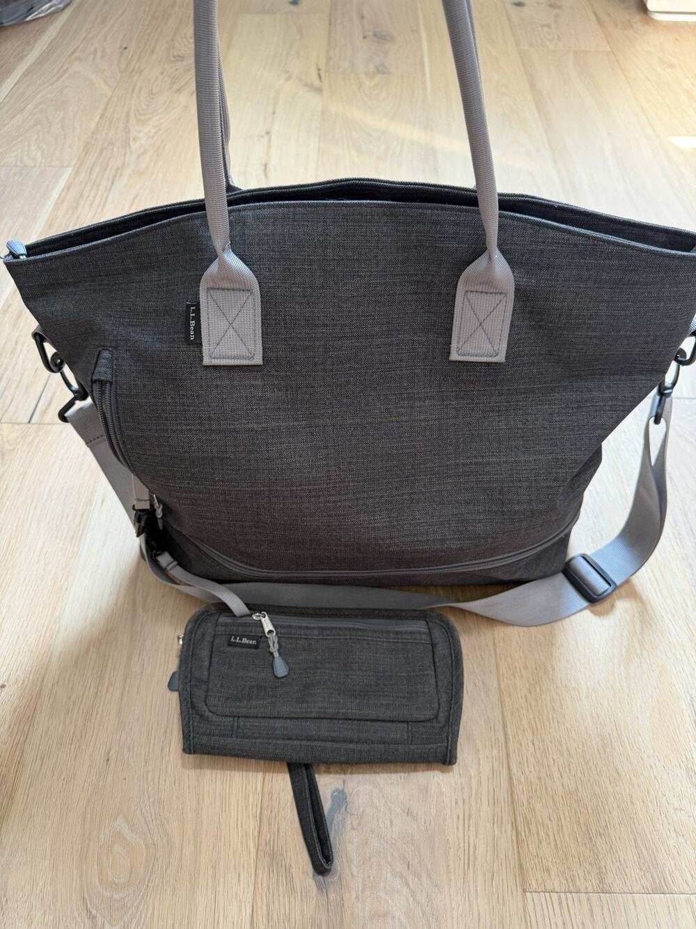 LL Bean Sig Large Canvas Tote Grey Zip Close W Shoulder Strap Bag & Wallet EUC!